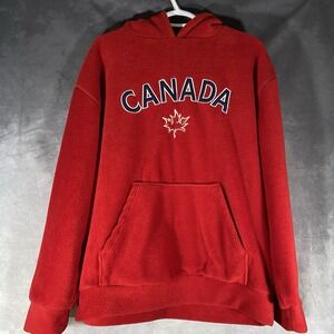 Canada Embroidered Hoodie Sweatshirt Unisex S Red Teepee Pullover Fleece